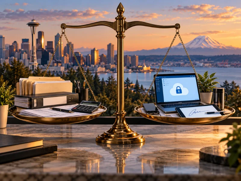 Tax preparation near me client portal laptop with document upload tax progress tracker and e-signature tablet Seattle Space Needle view
