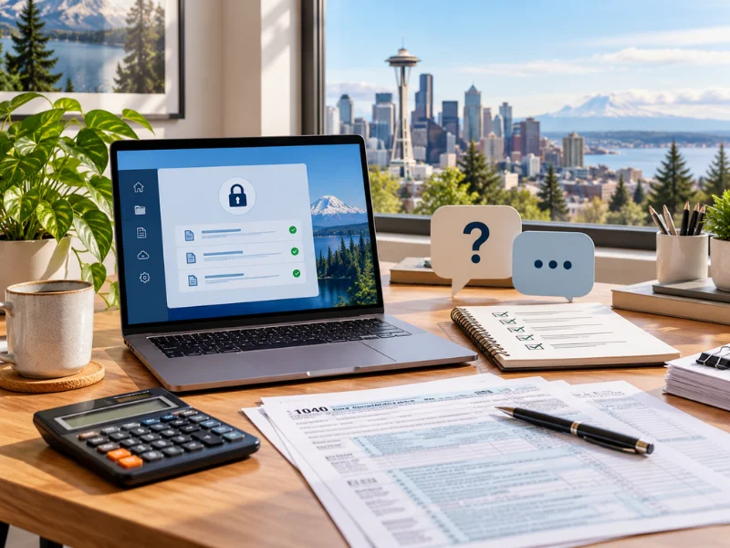 Tax preparation near me secure encrypted portal laptop with Form 1040 review checklist and question card Seattle Space Needle view