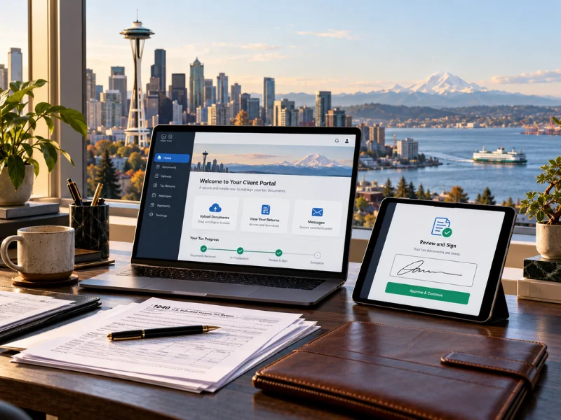 Tax preparation near me balance scale comparing physical tax documents with secure cloud portal laptop and e-signature Seattle skyline