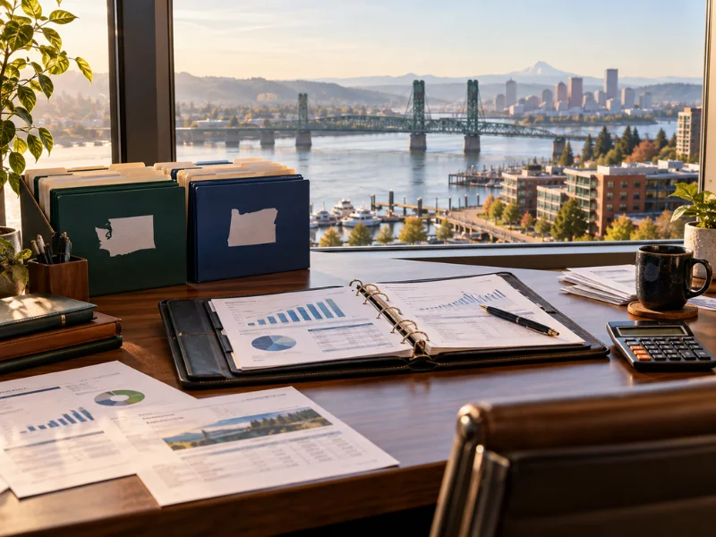 Tax Preparation Service prior-year and late return folders stacked with financial charts and calculator on professional desk