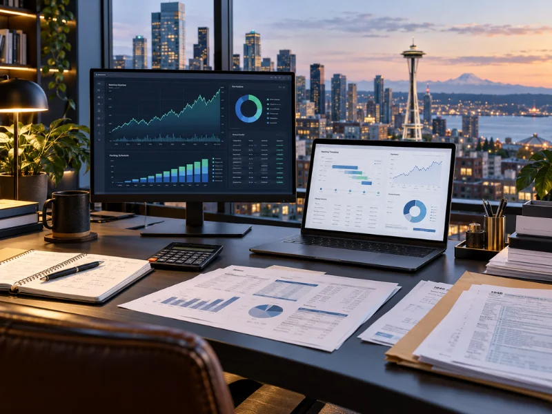 Tax preparer equity compensation dashboard with RSU vesting charts Form 1040 and Seattle Space Needle skyline at dusk