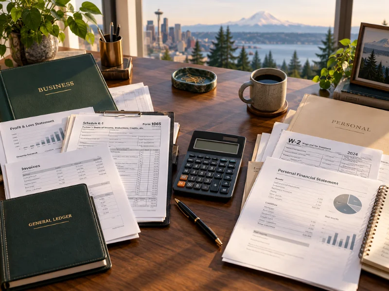 Tax preparer business and personal return folders with Schedule K-1 Form 1065 W-2 and Seattle Space Needle Mt Rainier view