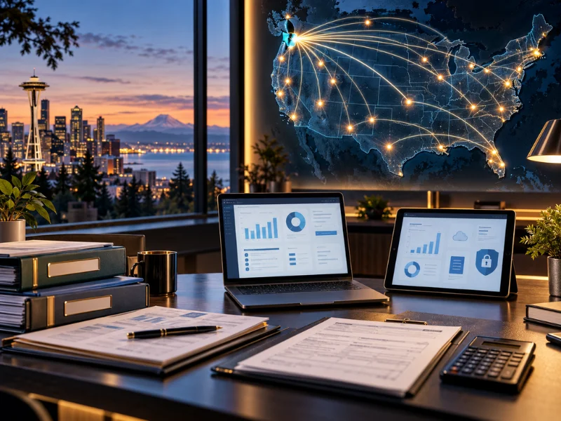 Tax preparer near me desk with laptop dashboard secure portal tablet Seattle skyline and glowing US nationwide coverage map