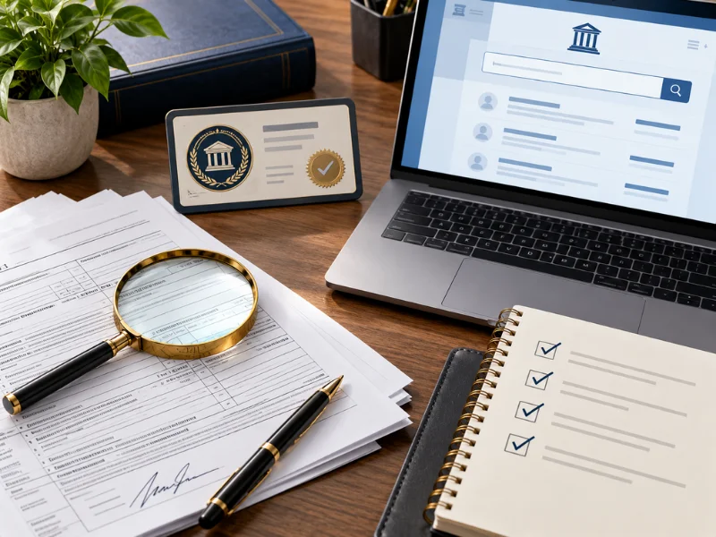 Tax preparer near me IRS directory search on laptop with credential card signed return and verification checklist