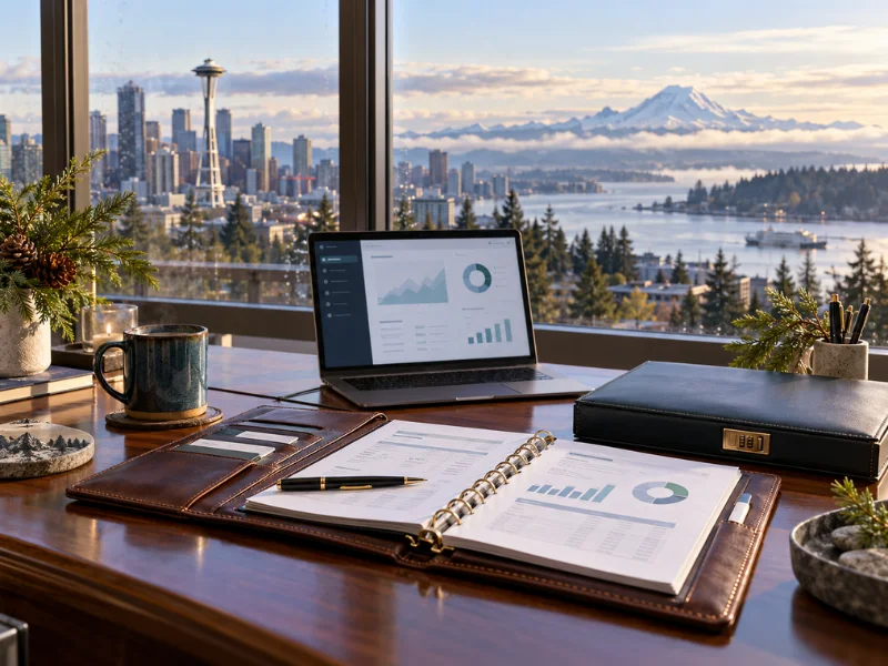 Tax preparer near me year-round desk with financial dashboard laptop open portfolio reports and Seattle Space Needle skyline