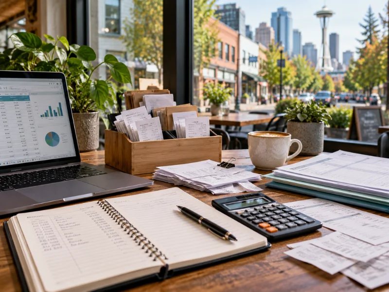 Tax preparer Seattle desk with financial dashboard laptop receipt organizer notebook and Space Needle street view